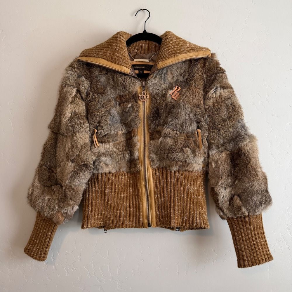 Rocawear Fur Bomber Jacket Vintage Y2K Womens Size Large RARE 2000's